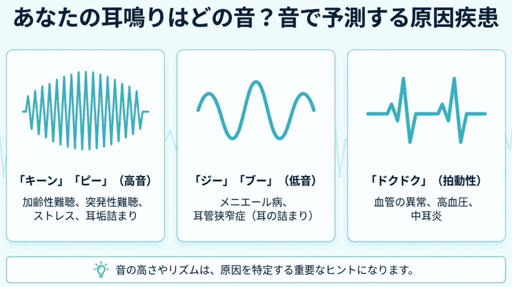 耳鳴りの音の種類と考えられる原因を示す図解