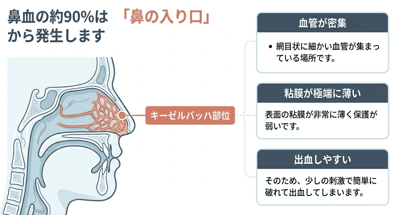 キーゼルバッハ部位の位置を示す鼻の断面図解