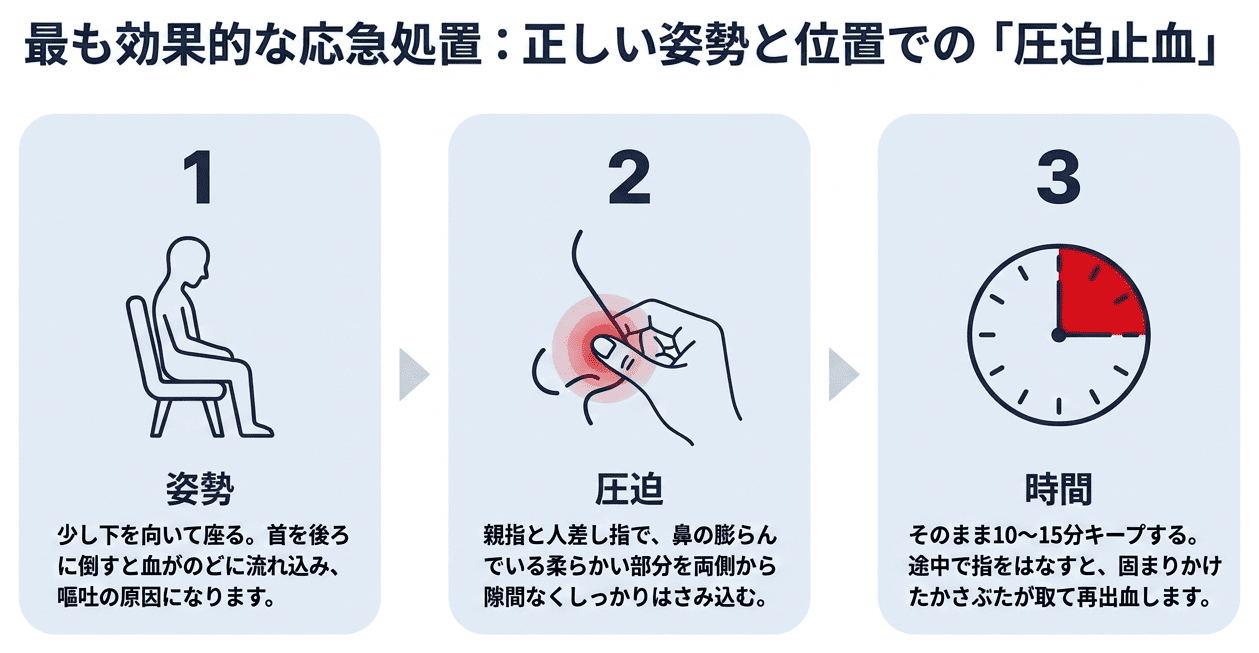 うつむき姿勢で小鼻を圧迫する正しい止血方法の図解